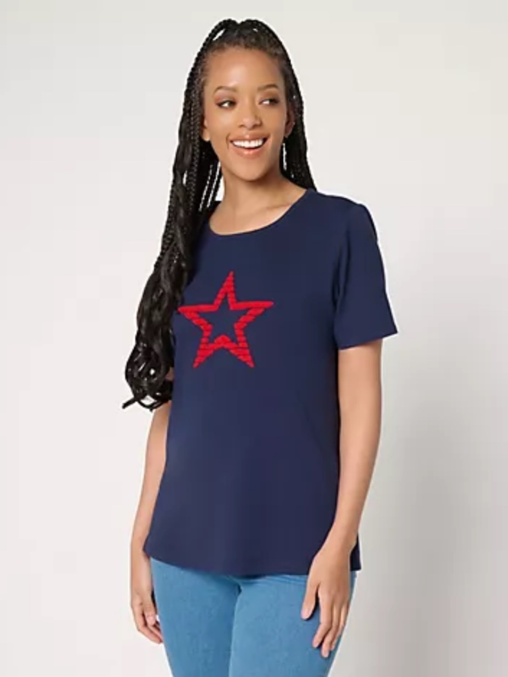 Denim & Co. Perfect Jersey Short Sleeve Top w/ Americana Motif, Navy Sz S a72327